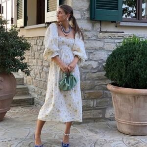 Sleeper White Floral Puff-Sleeve Midi Dress